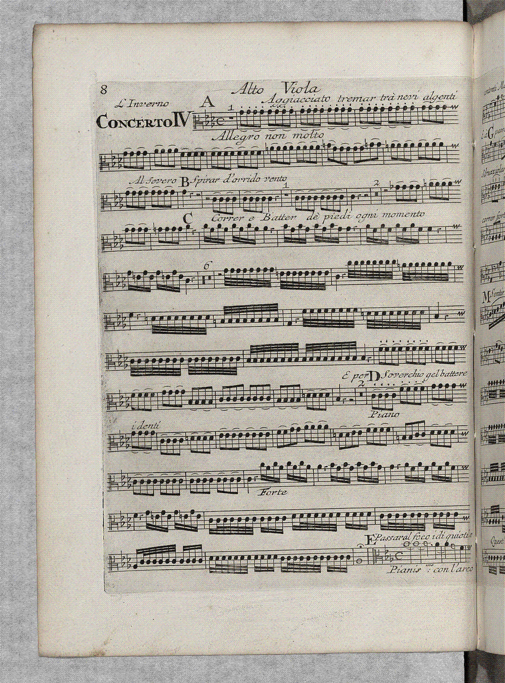 An engraved eighteenth-century music part-book page headed "Alto Viola" and "L'Inverno / Concerto IV", with lines of hand-engraved notation and the sonnet phrases "Aggiacciato tremar trà nevi algenti" and "Al severo Spirar d'orrido vento" written above the staves.