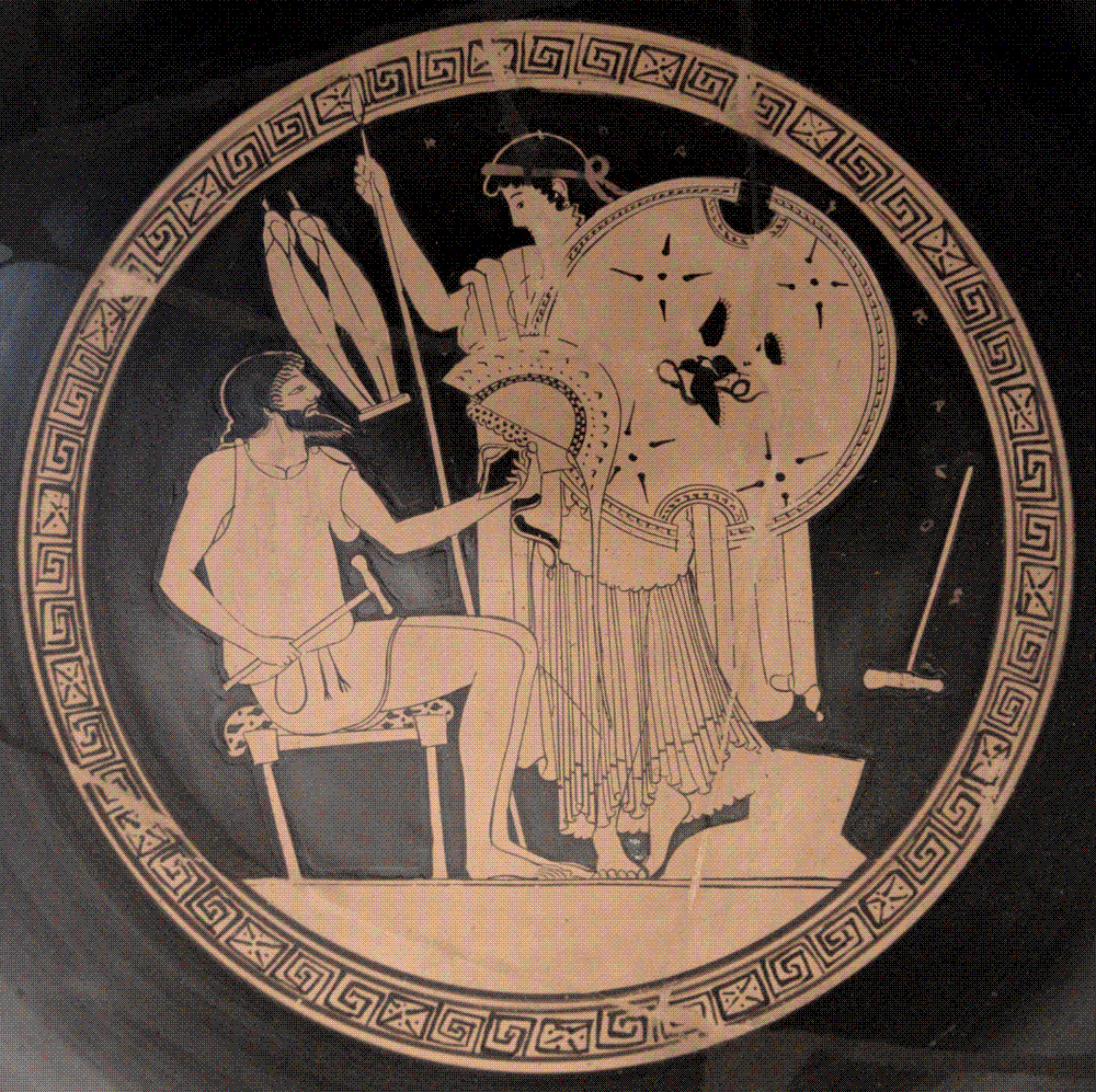 Attic red-figure kylix by the Foundry Painter, about 490-480 BC, showing Hephaestus handing the newly made armour of Achilles to Thetis; Antikensammlung, Berlin, F 2294