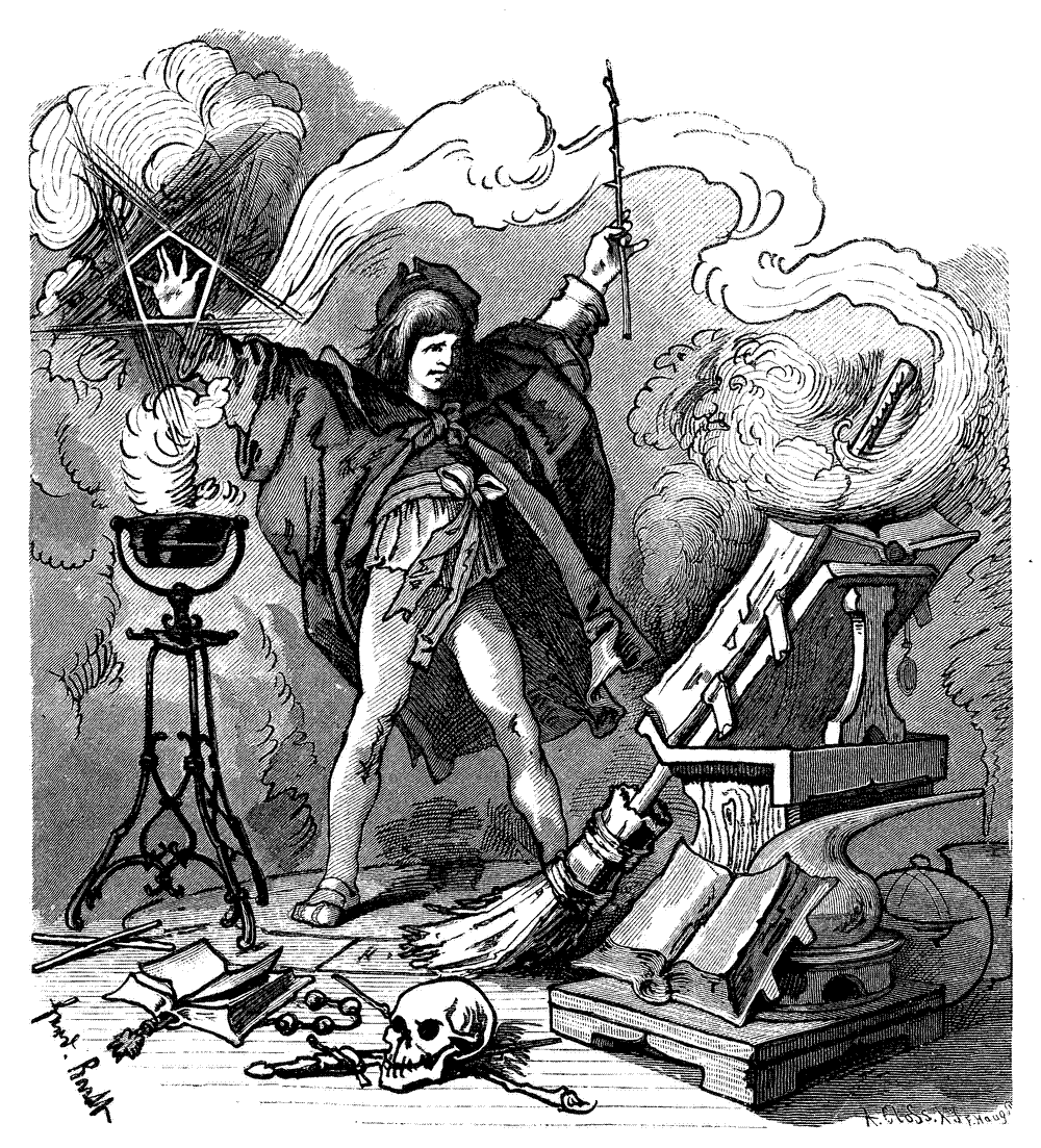 Ferdinand Barth's 1882 illustration to Goethe's Der Zauberlehrling, showing the apprentice recoiling as the animated broom carries pails of water through the flooded hall