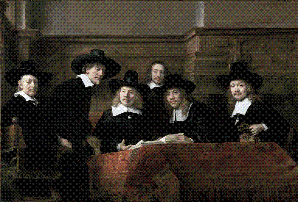 Rembrandt's 1662 group portrait The Syndics: five drapers' guild officials in black hats behind a carpet-covered table with an open ledger, looking out at the viewer, with a bare-headed servant behind them