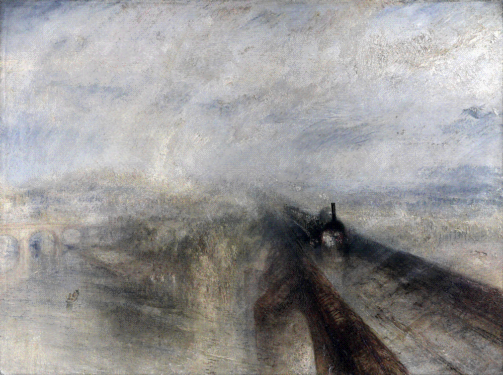 Turner's painting of a black locomotive crossing a brick viaduct, emerging through swirling golden rain and mist over the Thames