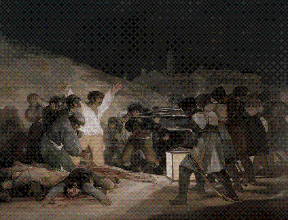 Goya's painting: a firing squad aims its muskets at a group of civilians at night, one man in a white shirt with arms flung upward beside the fallen dead.
