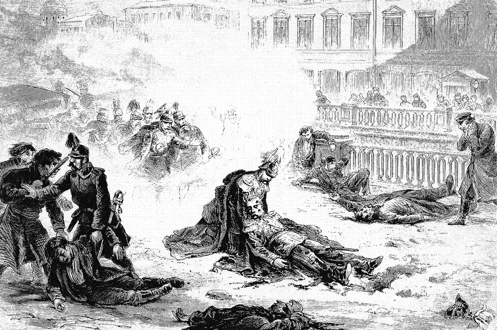 1881 engraving showing a bomb explosion on a St. Petersburg embankment: figures flung down amid smoke, snow and debris around the shattered imperial coach.