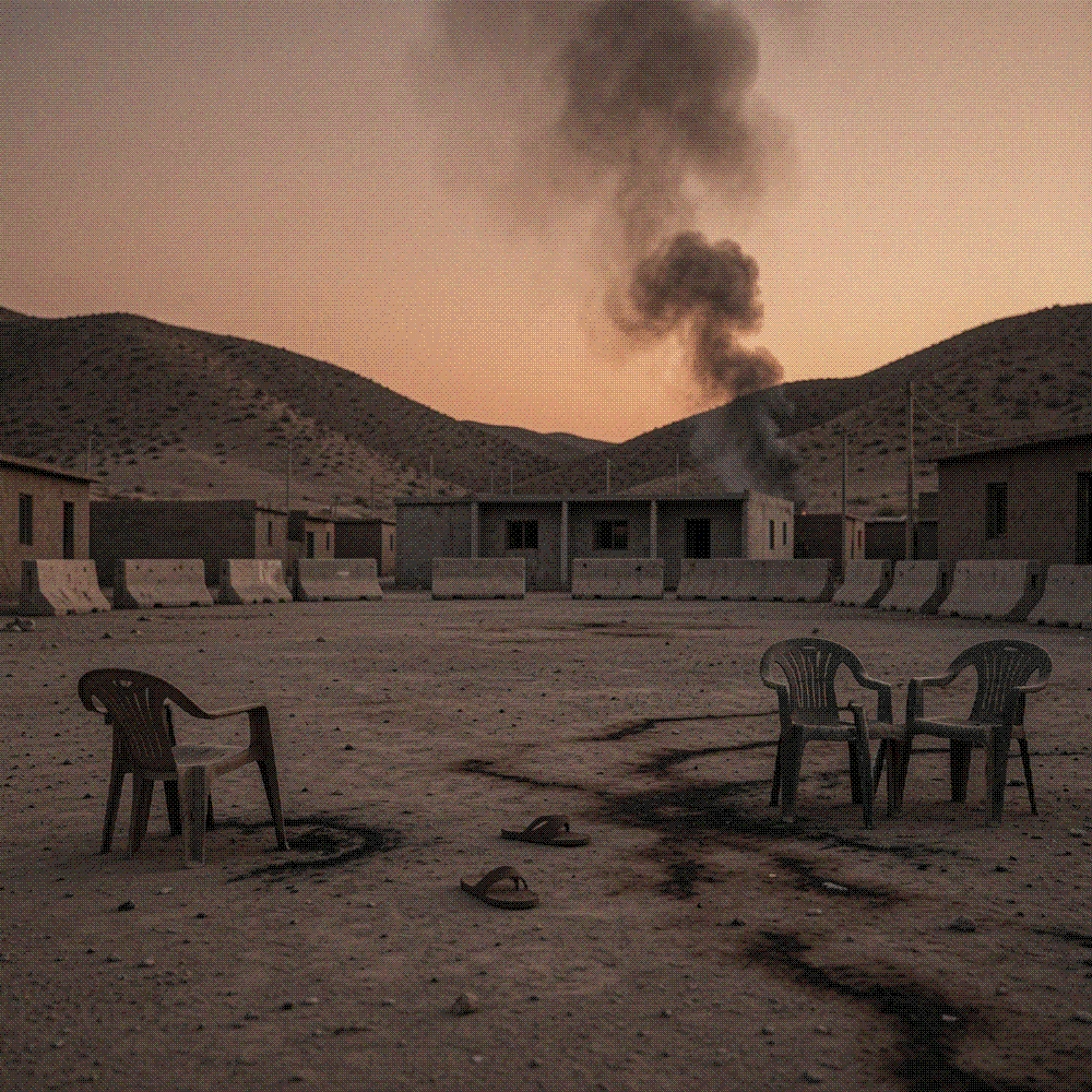 A deserted fortified checkpoint on a dusty road at dusk with concrete blast barriers and a thin column of smoke rising against an orange sky.