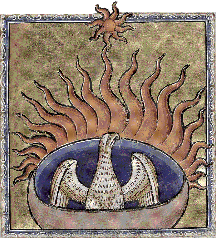Illuminated miniature of the phoenix rising in flames beneath the sun, from the Aberdeen Bestiary, c. 1200, Aberdeen University Library MS 24