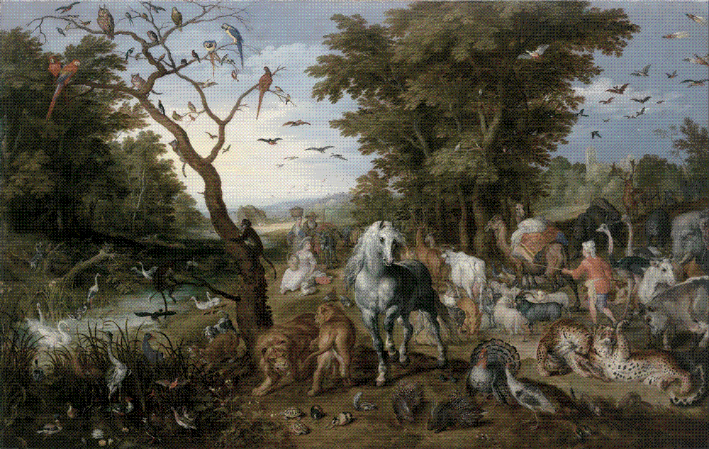 Jan Brueghel the Elder, The Entry of the Animals into Noah's Ark, 1613, oil on panel; birds, big cats, horses and livestock gathered in a wooded landscape as Noah leads them toward the ark