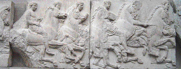 Panels of the Parthenon frieze displayed on the gallery wall of the British Museum in London