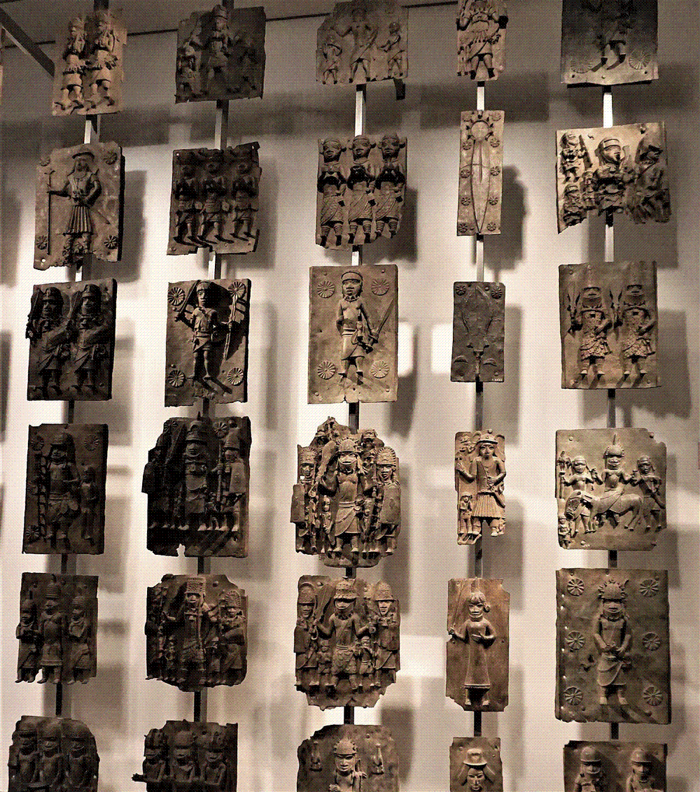 Brass plaques from the Kingdom of Benin displayed in the British Museum