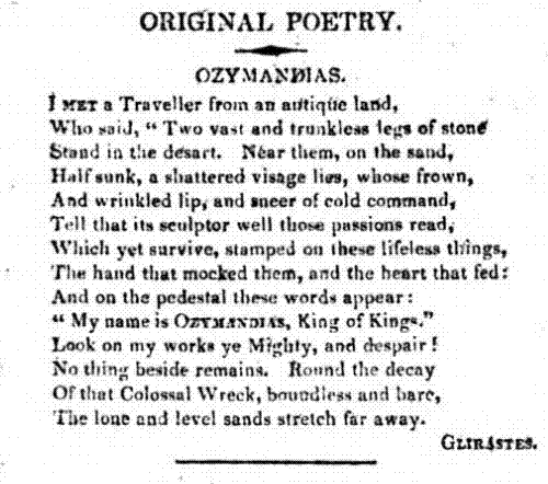 Scan of the original printing of Shelley's sonnet Ozymandias in The Examiner, 11 January 1818