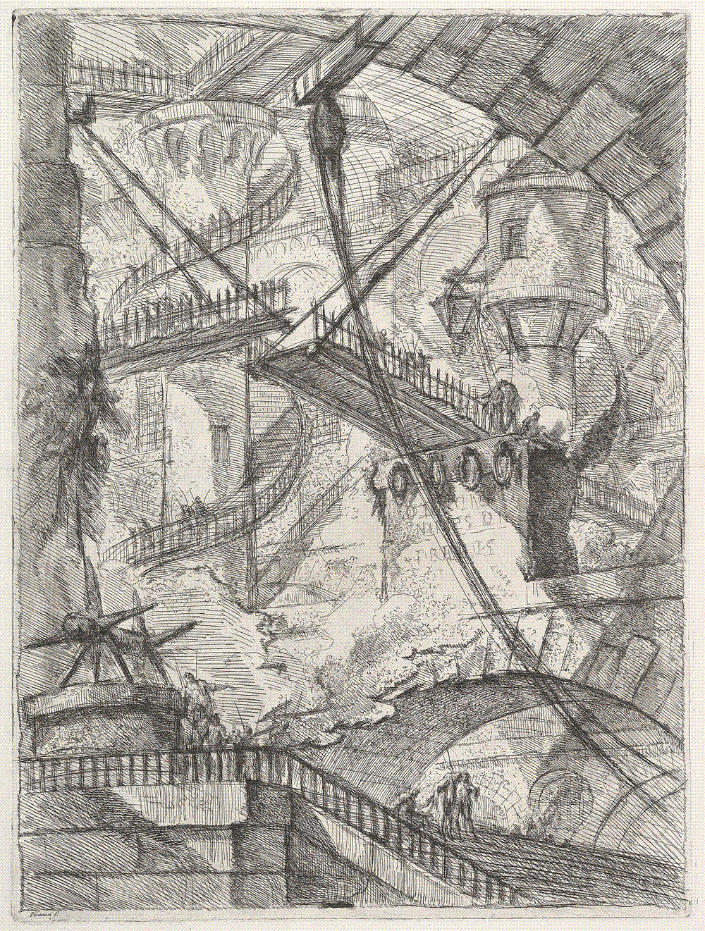 Piranesi etching of a colossal imaginary prison interior with a drawbridge, crisscrossing stairs and impossible stone vaults