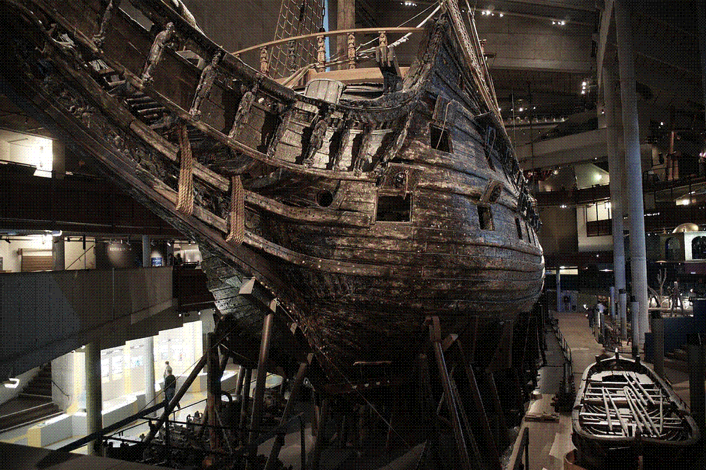 The preserved seventeenth-century warship Vasa seen from the bow inside the Vasa Museum, Stockholm