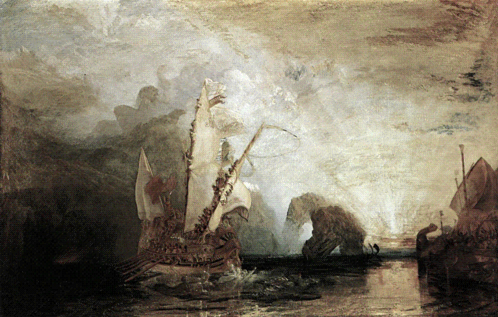 J. M. W. Turner's painting Ulysses Deriding Polyphemus, showing a golden sunrise over the sea as Ulysses' ship escapes the shadowed giant on the cliffs