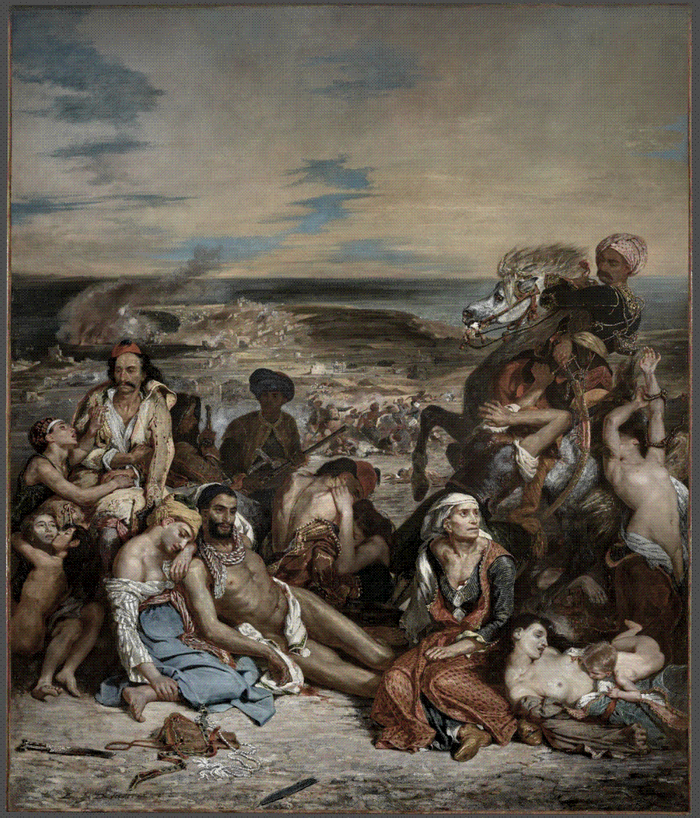 Delacroix's painting of the massacre at Chios: exhausted, wounded Greek civilians, including a child clinging to its dead mother, on a devastated shore