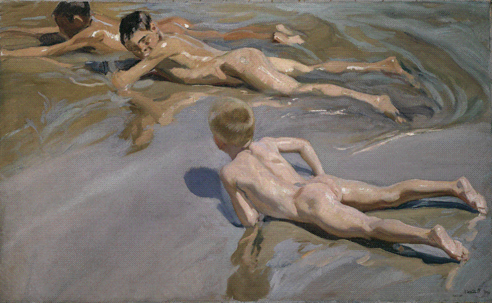 Three nude boys lying at the sunlit water's edge on a beach, their bodies reflected in the shallow water