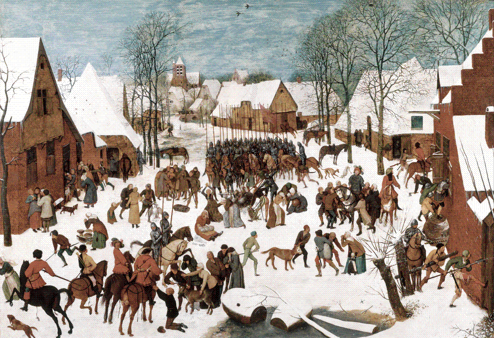A snow-covered Flemish village where soldiers on horseback seize and kill children as parents beg and grieve