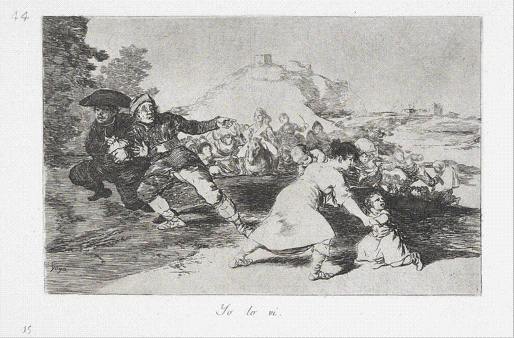 Goya etching of civilians fleeing an attack: a woman drags a child forward while figures behind them look back in terror.