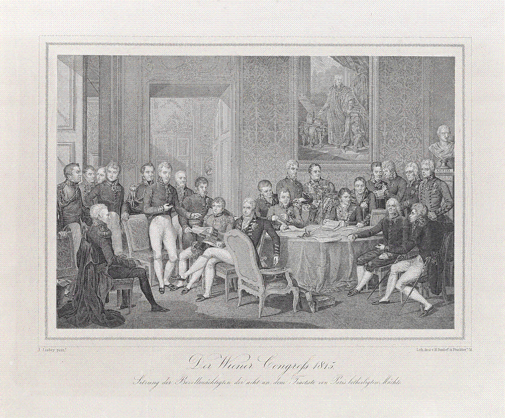 Print after Jean-Baptiste Isabey showing the delegates of the eight powers gathered around the conference table at the Congress of Vienna, 1814-1815