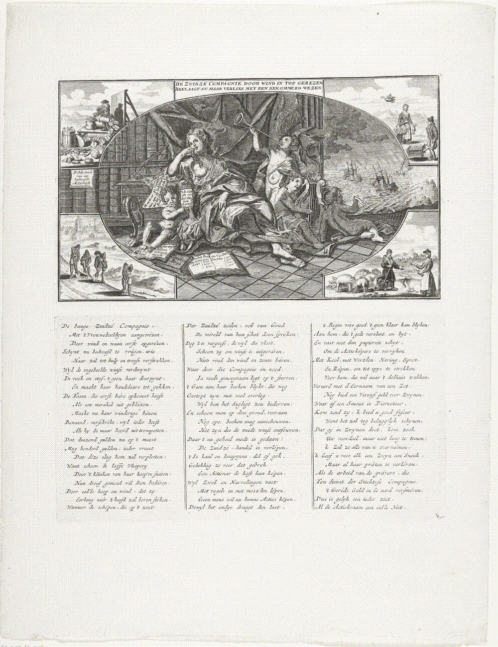 A 1720 Dutch satirical etching titled "Complaint of the South Sea Company": an allegorical scene of the collapsed share company, printed above columns of Dutch verse mocking the wind trade.
