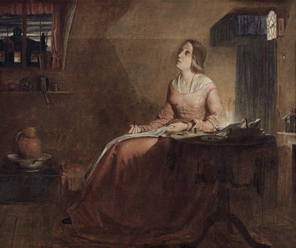 Oil painting of a young seamstress alone in a bare attic room, seated at a small table with white cloth and needle in her hands, eyes raised, a guttering candle beside her and pale light at the window.