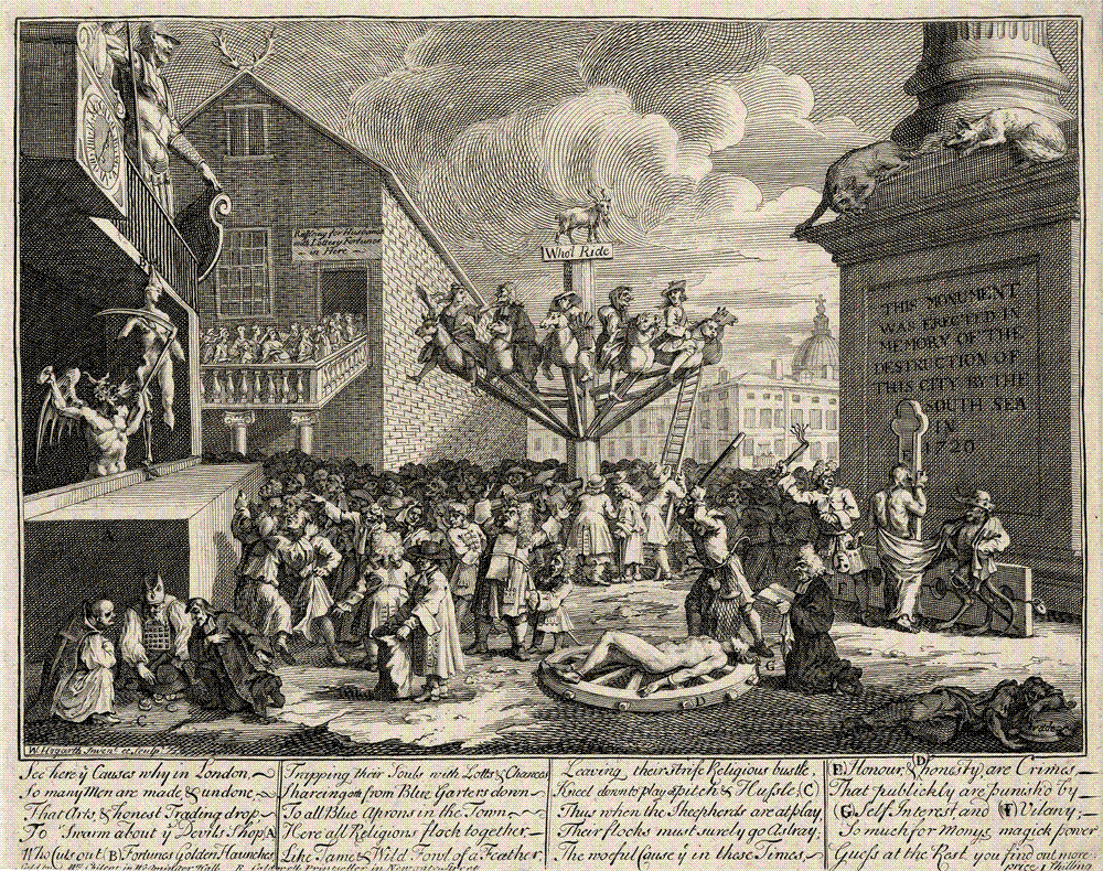 Crowded black-and-white satirical engraving of a London square: a large wooden merry-go-round carries riders of every class, a devil hacks at a female figure on a platform, a man is stretched on a breaking wheel, and dense crowds throng the streets beneath tall buildings and a monument column.