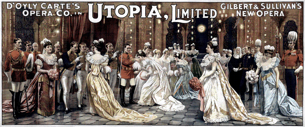 Wide colour lithograph theatre poster advertising D'Oyly Carte's Opera Company in Gilbert and Sullivan's new opera Utopia, Limited, with costumed characters arrayed across the sheet.
