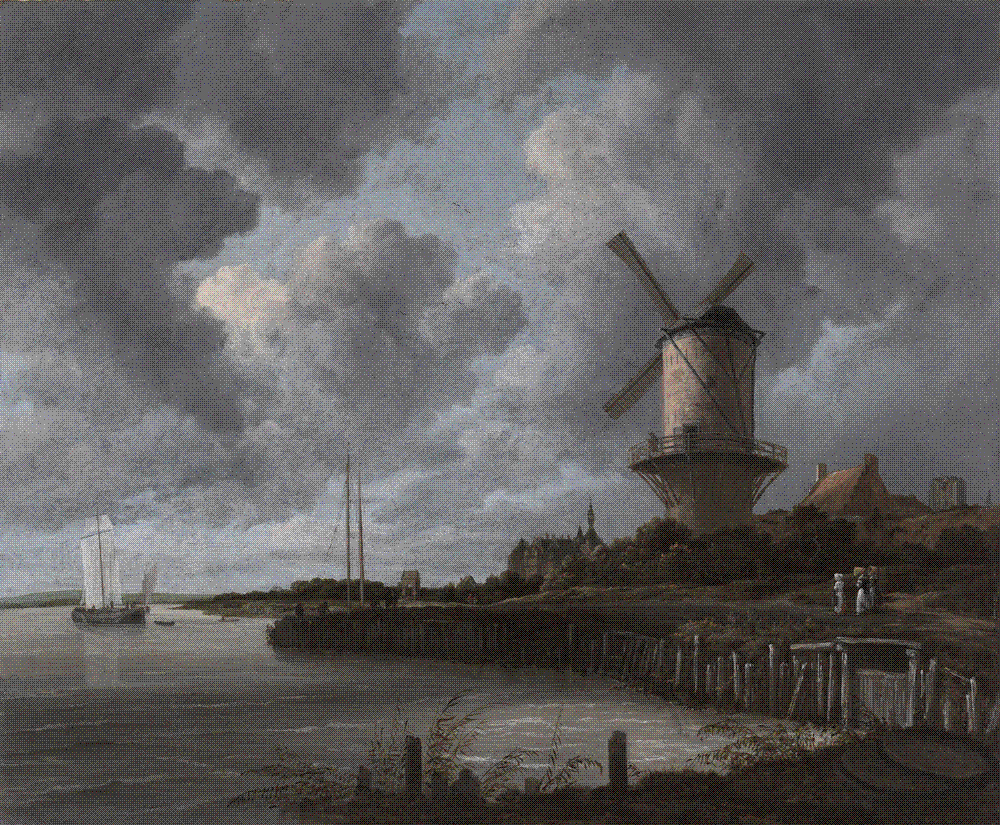 A massive stone tower windmill on a riverbank dominates a wide, cloud-filled sky, its dark sails still, with a church, houses, and small figures on the bank beside the grey water of the River Lek below.