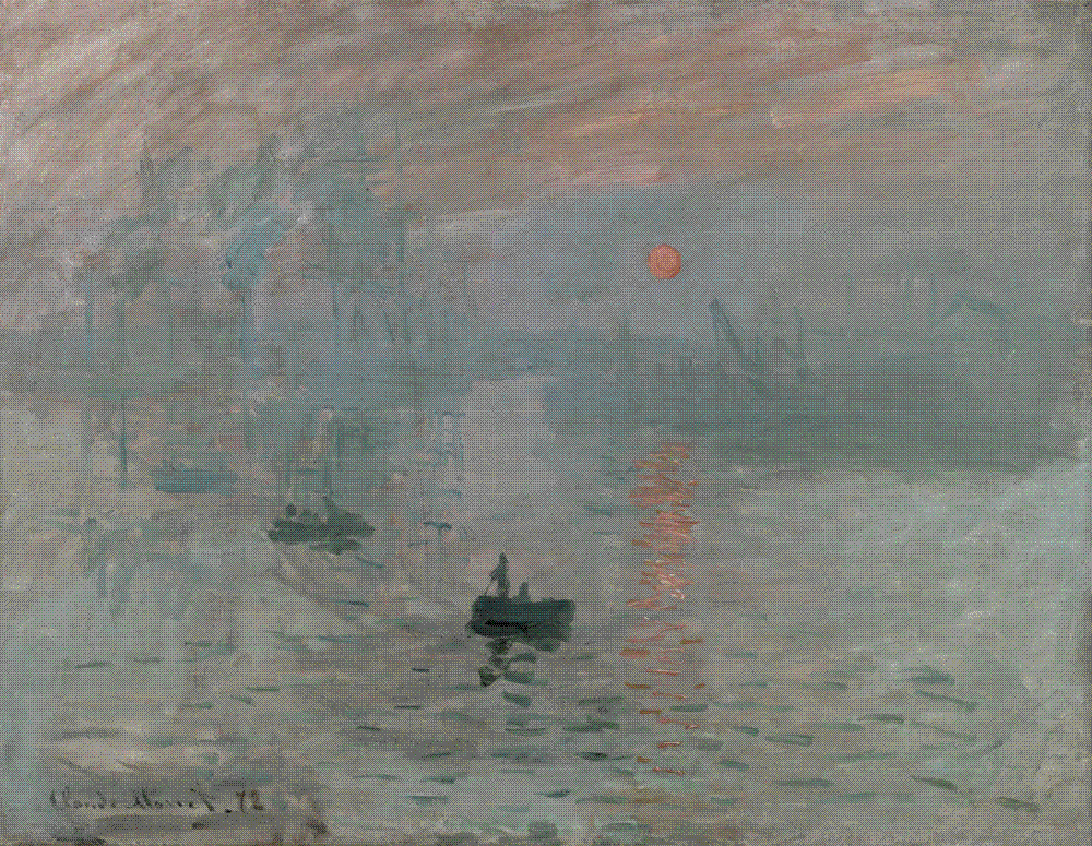 A hazy blue-grey harbor at dawn with a small orange sun low on the horizon casting a rippling orange reflection on the water, dark rowboats in the foreground and faint masts and cranes behind.