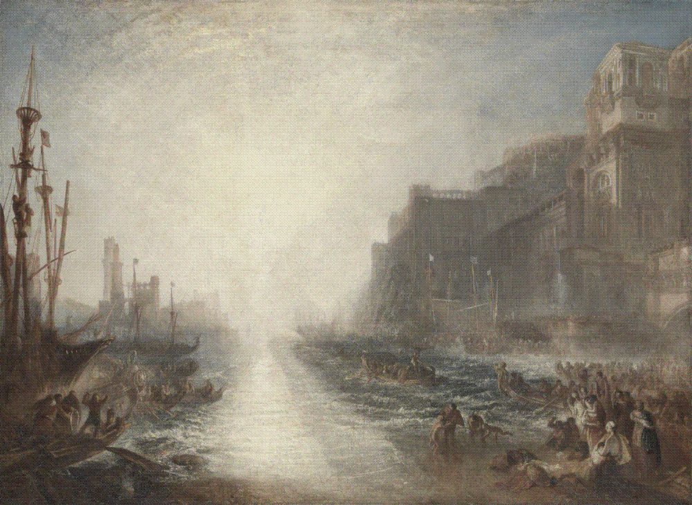J. M. W. Turner's painting Regulus: a classical harbour scene overwhelmed by a huge blazing white sun burning at its centre.