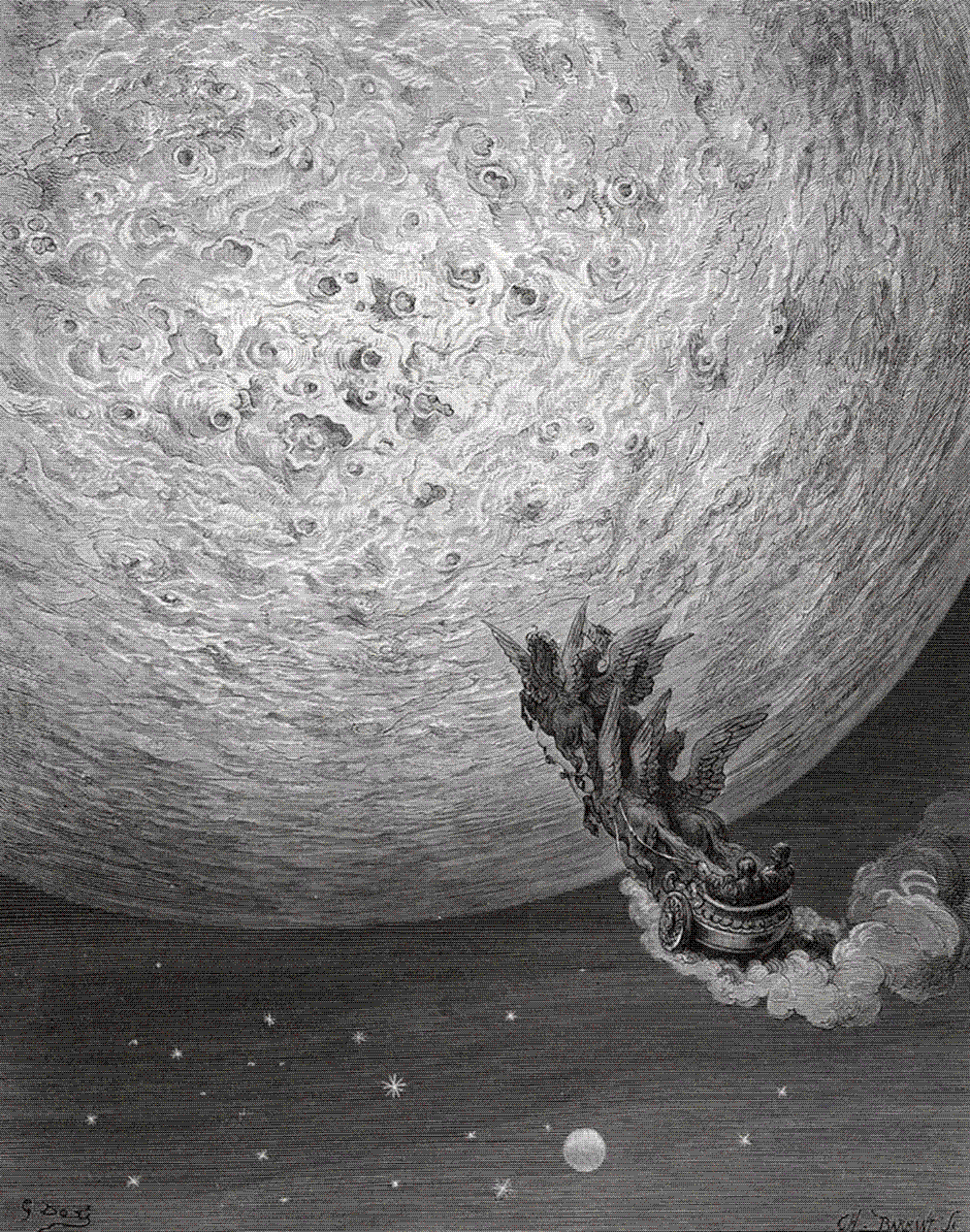 Wood engraving in which an immense pitted Moon fills the upper two-thirds of the picture while a tiny winged chariot trailing a plume of cloud climbs toward it out of a starfield, with a small bright globe below.