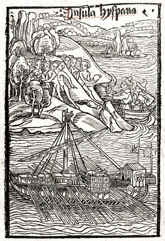 Woodcut from the Basel 1493 printing of Columbus's letter, showing his ships approaching the newly claimed islands.