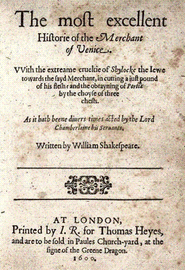 Title page of the 1600 first quarto of Shakespeare's The Merchant of Venice, printed in London for Thomas Heyes.