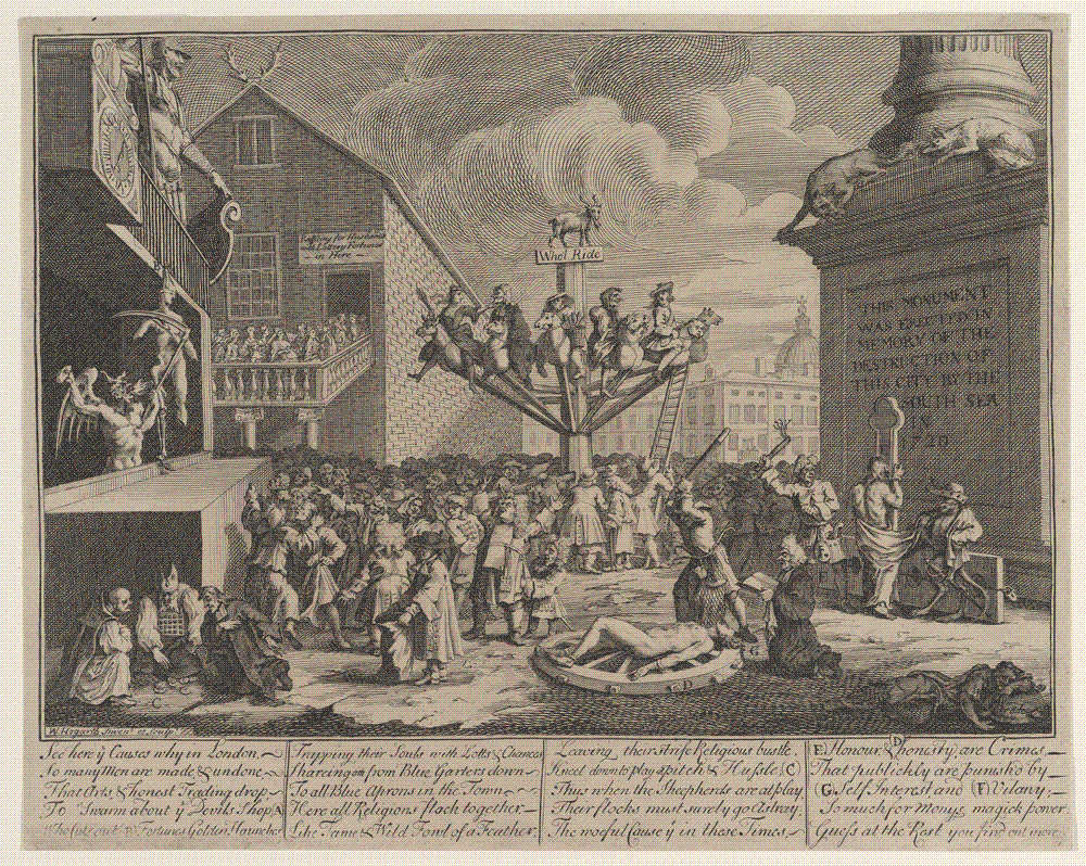 William Hogarth's satirical print The South Sea Scheme, showing speculators riding a merry-go-round while Fortune is butchered above the crowd.