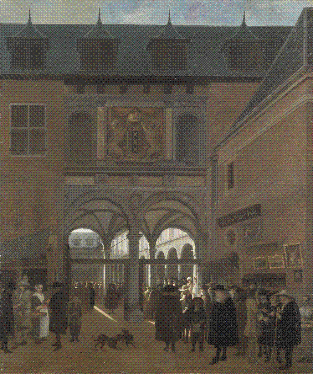 Job Berckheyde's painting of the courtyard of the Amsterdam Stock Exchange, crowded with merchants trading beneath the arcades.