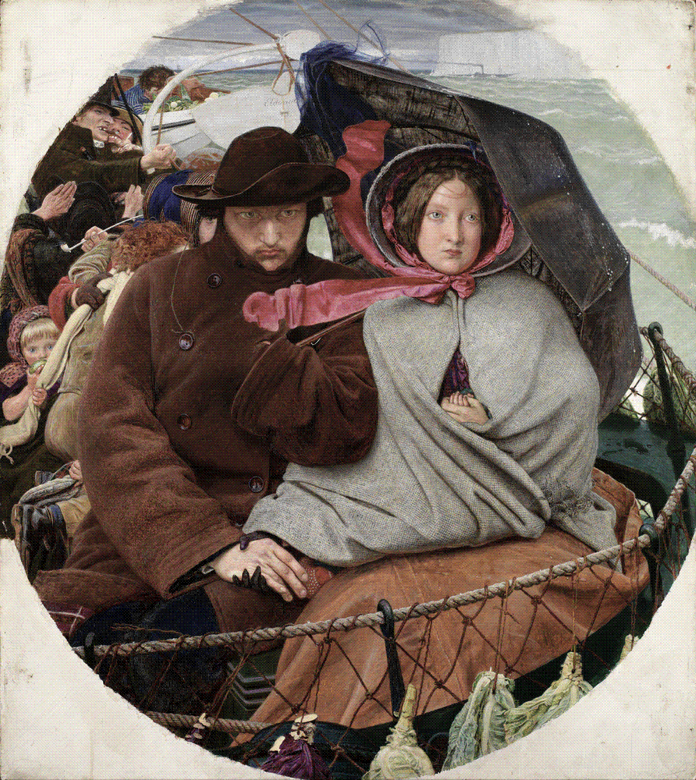 An emigrant couple on a ship's deck under a grey sky, the woman sheltering an infant beneath her cloak as the English coast recedes
