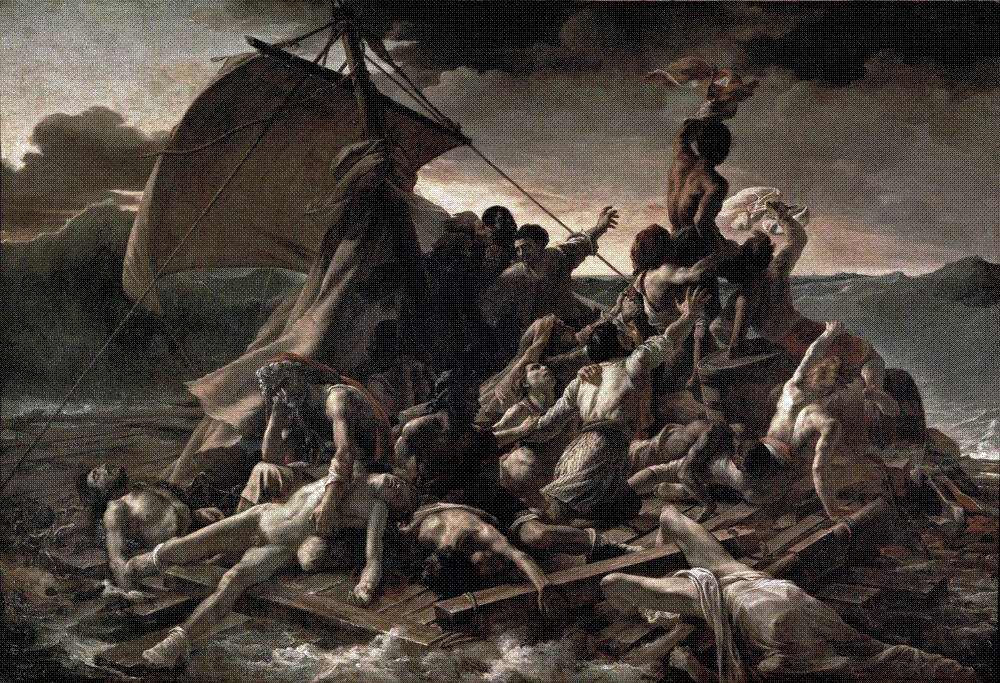 Shipwreck survivors crowded on a makeshift raft at sea, the living heaped over the dead as one figure waves cloth toward a distant ship