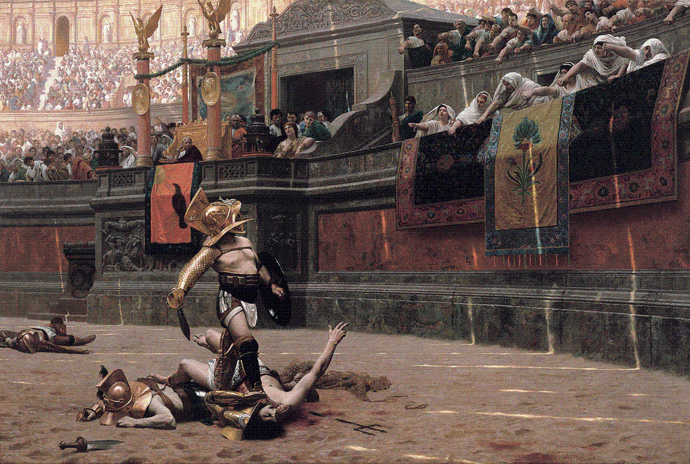 A victorious Roman gladiator stands over a defeated opponent as the crowded arena tiers thrust their thumbs downward.
