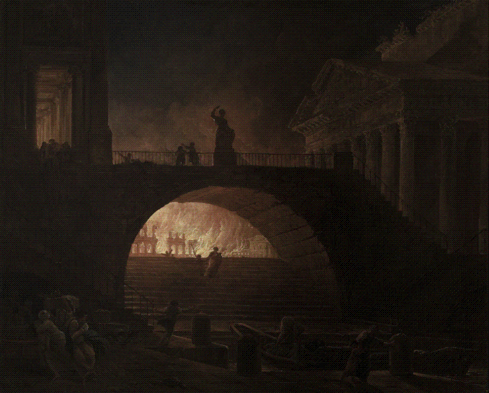 Night scene of classical Rome engulfed in flames, with an orange-white blaze consuming colonnaded buildings while crowds of small figures flee through the rubble in the foreground