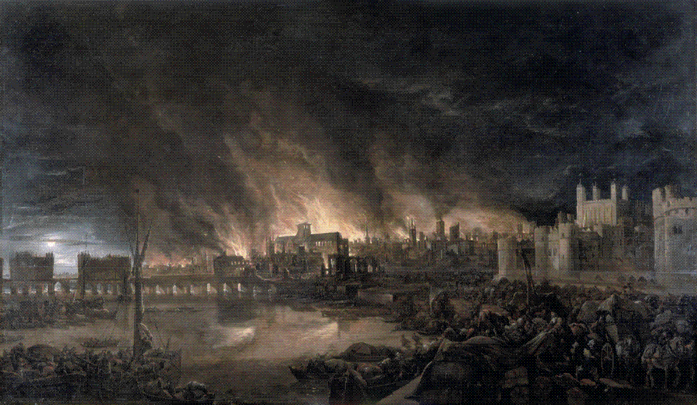 Seventeenth-century panoramic painting of London ablaze at night, seen across the Thames from near Tower Wharf, with Old London Bridge in silhouette and a long wall of flame consuming the city behind Old St Paul's
