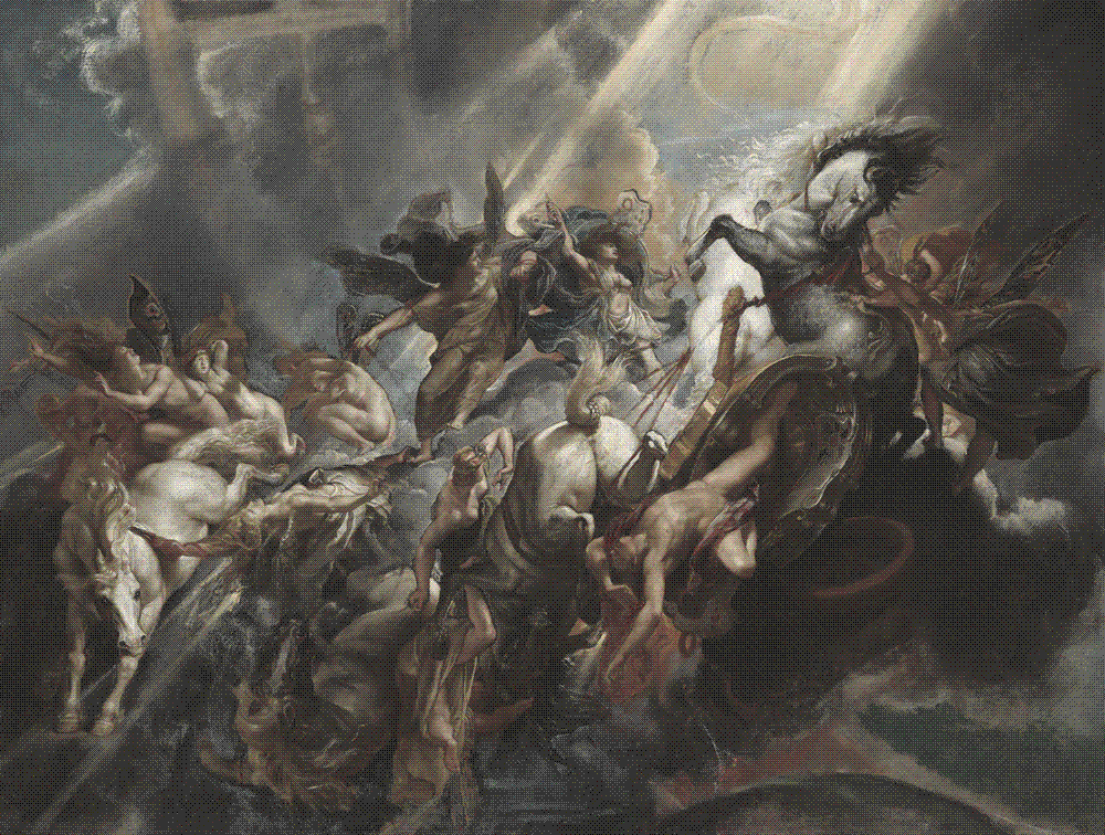 Baroque painting of the sun-chariot breaking apart in mid-air, horses rearing and plunging in different directions as Phaethon falls backwards out of the wrecked car amid tumbling figures and stormy cloud
