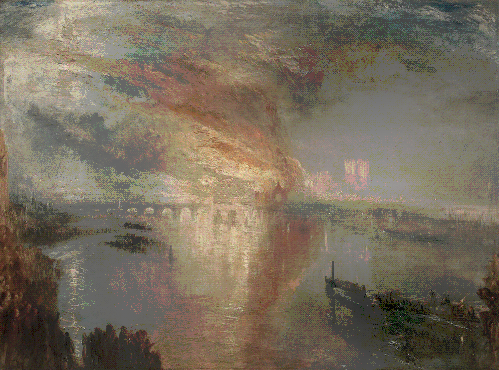 Turner oil painting of the Houses of Parliament on fire at night, a towering column of white and yellow flame reflected in the Thames, with Westminster Bridge crowded with onlookers and dense throngs of spectators silhouetted along the riverbank