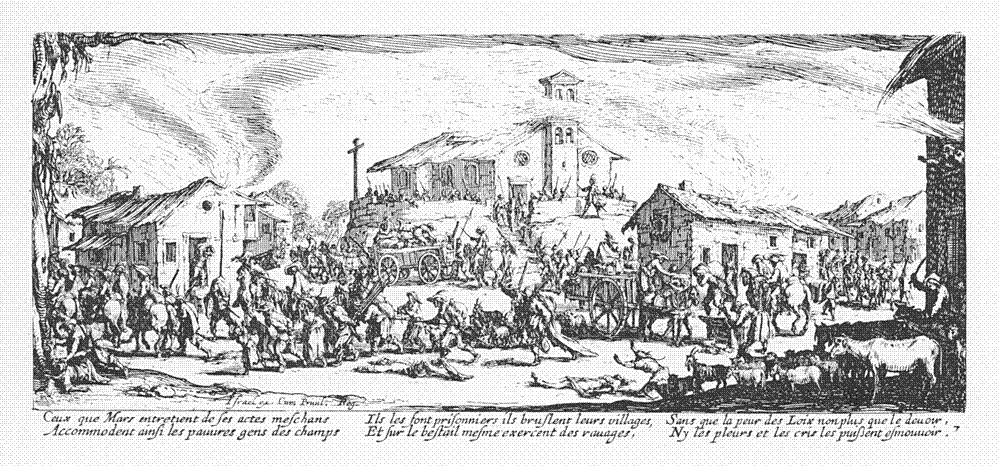 Callot etching of soldiers massacring villagers and burning a village during the Thirty Years' War