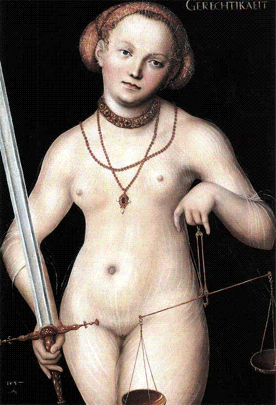 Allegorical figure of Justice holding scales and a sword, painted by Lucas Cranach the Elder in 1537