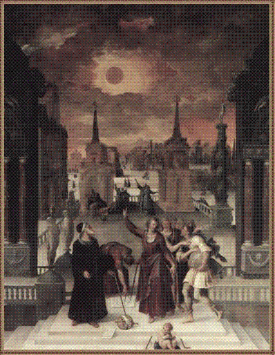 Renaissance scholars observing a darkened sun above a terrace in Antoine Caron's painting