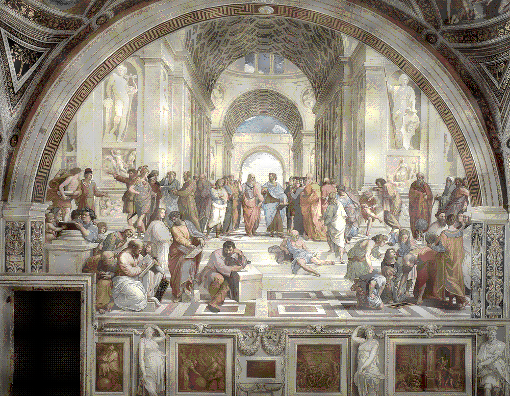 Raphael's fresco The School of Athens, showing Plato and Aristotle at the center of a hall of ancient philosophers and mathematicians