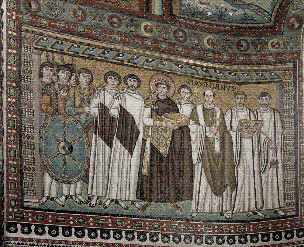 Byzantine mosaic of Emperor Justinian I flanked by his court and guard, Basilica of San Vitale, Ravenna