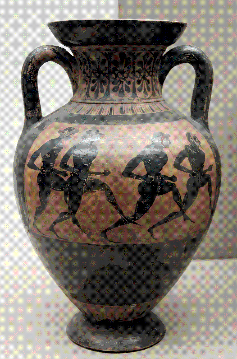 Attic black-figure amphora showing four nude runners in a foot-race, painted in black silhouette against the orange clay