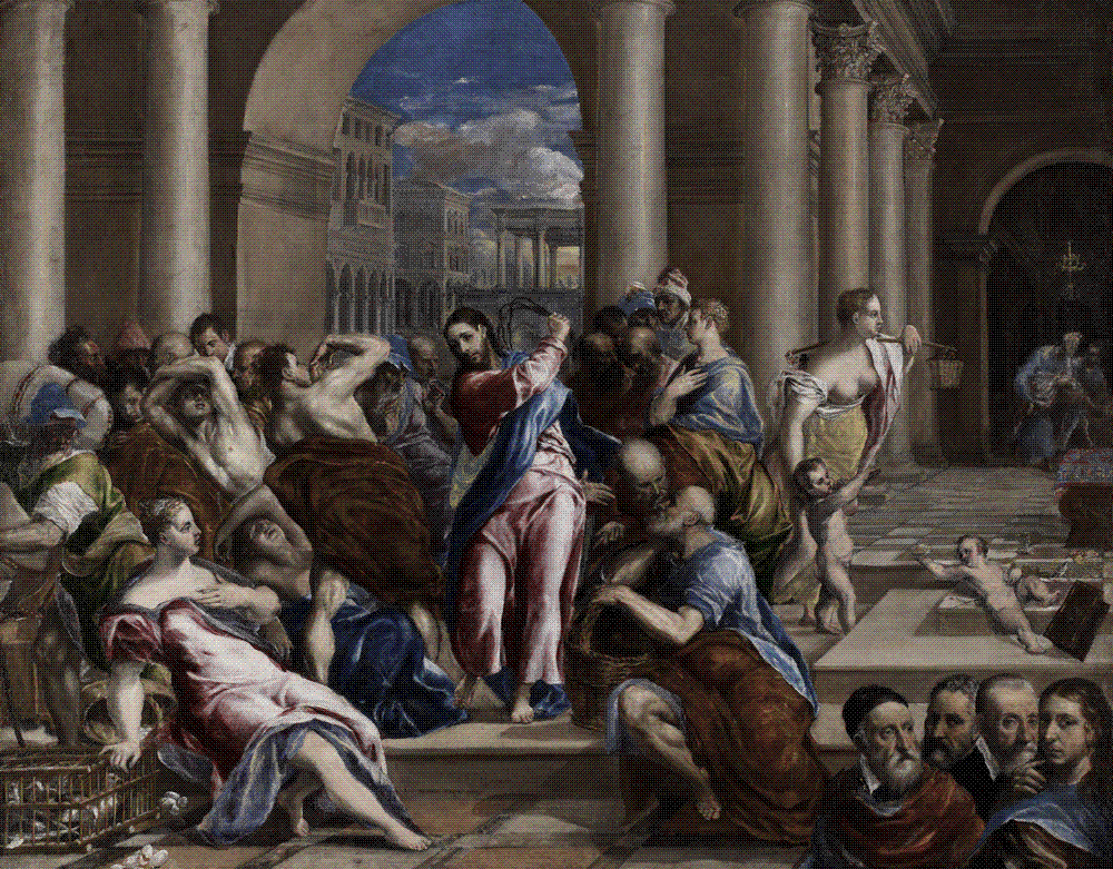 El Greco painting of Christ wielding a whip to drive merchants and money changers out of the temple, figures recoiling amid classical architecture