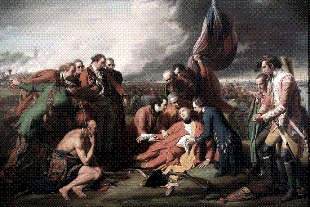 Oil painting of the mortally wounded General Wolfe reclining amid a ring of officers and soldiers on the battlefield, a red flag and stormy sky behind them.
