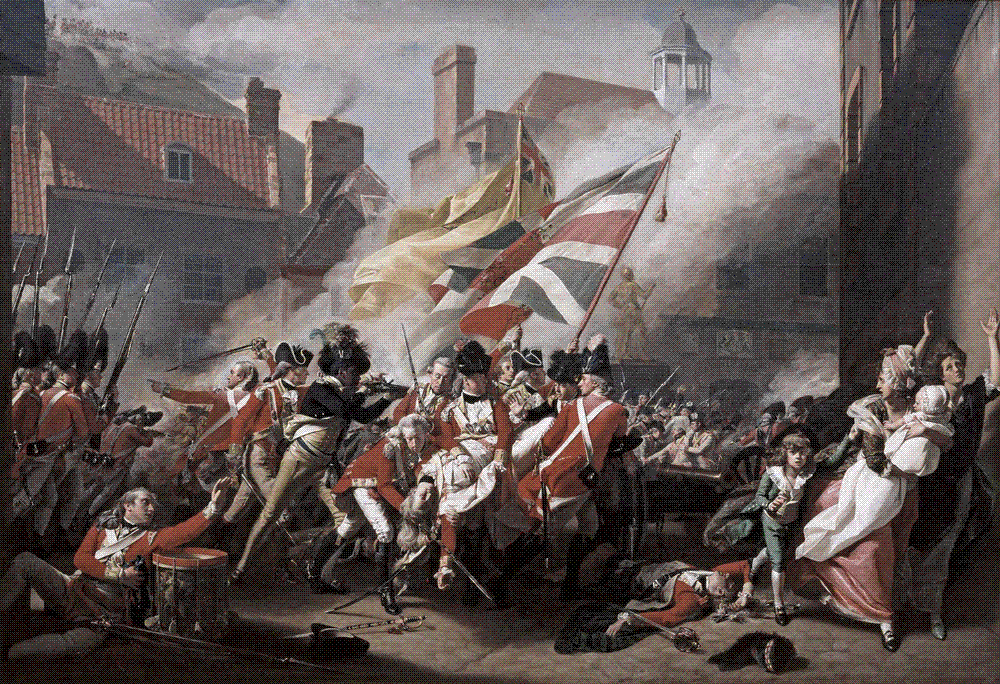 Oil painting of a street battle in which the fallen Major Peirson is held by fellow soldiers amid gunsmoke, waving flags, and fleeing civilians.