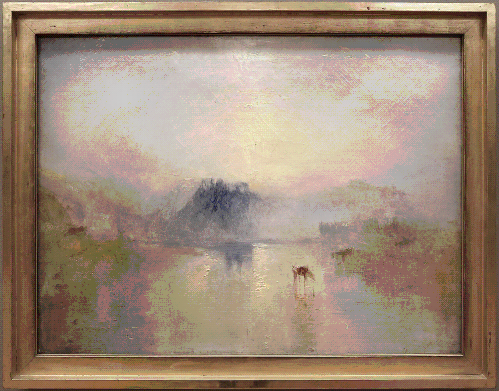 A castle and river dissolve into luminous blue and gold as a blazing sun rises, in Turner’s near-abstract painting.